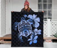 Hawaiian Kanaka Hibiscus Plumeria Mix Polynesian Turtle Premium Quilt Blue AH - Polynesian Pride