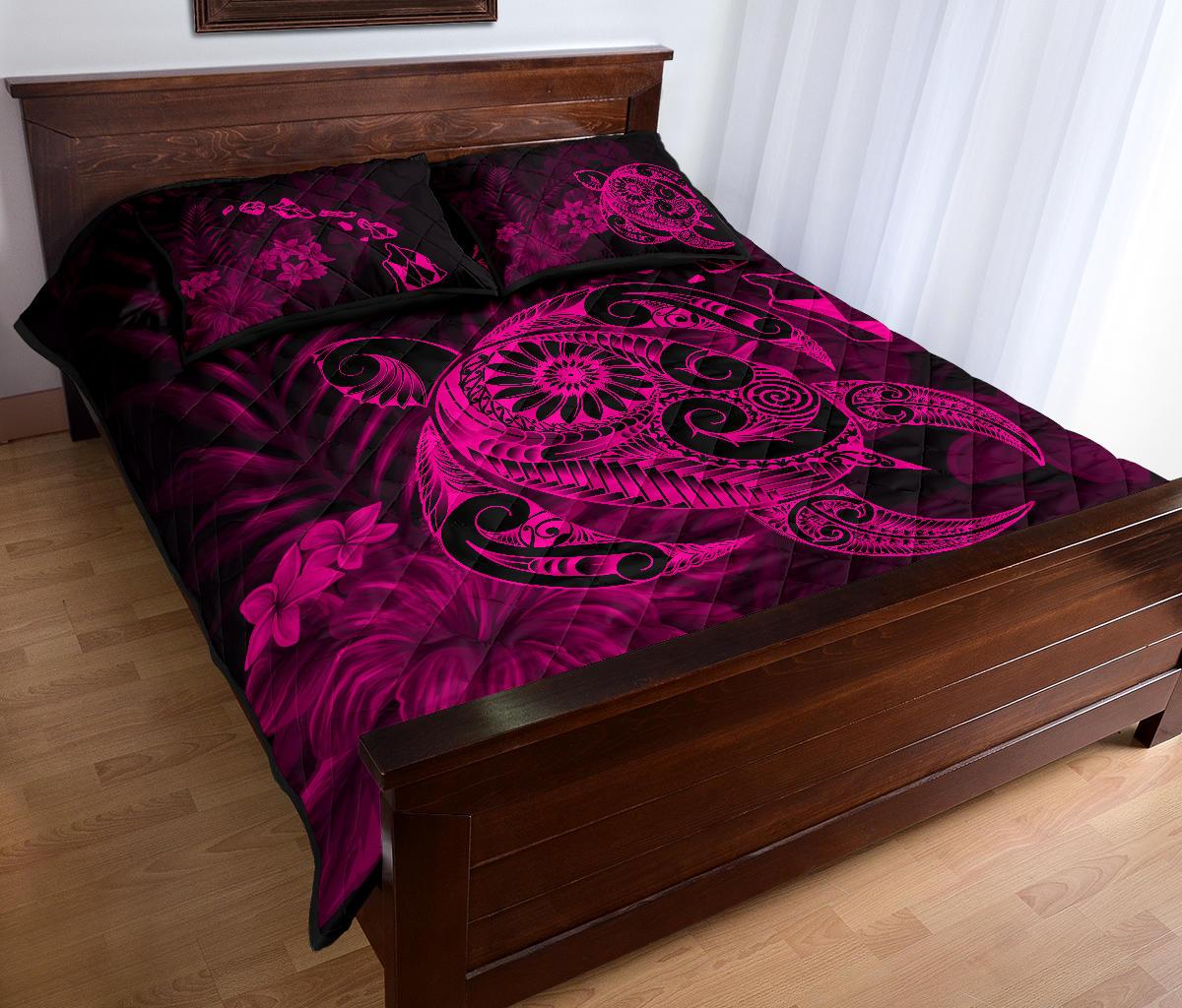 Hawaii Turtle Map Hibiscus Polynesian Pink Quilt Bed Set - Polynesian Pride