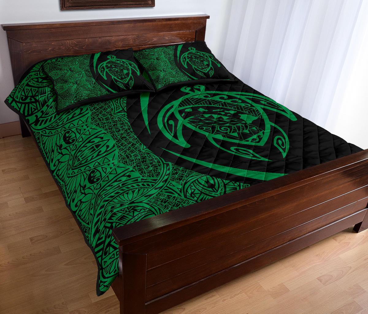 Hawaii Turtle Map Polynesian Quilt Bed Set - Green - Circle Style - Polynesian Pride