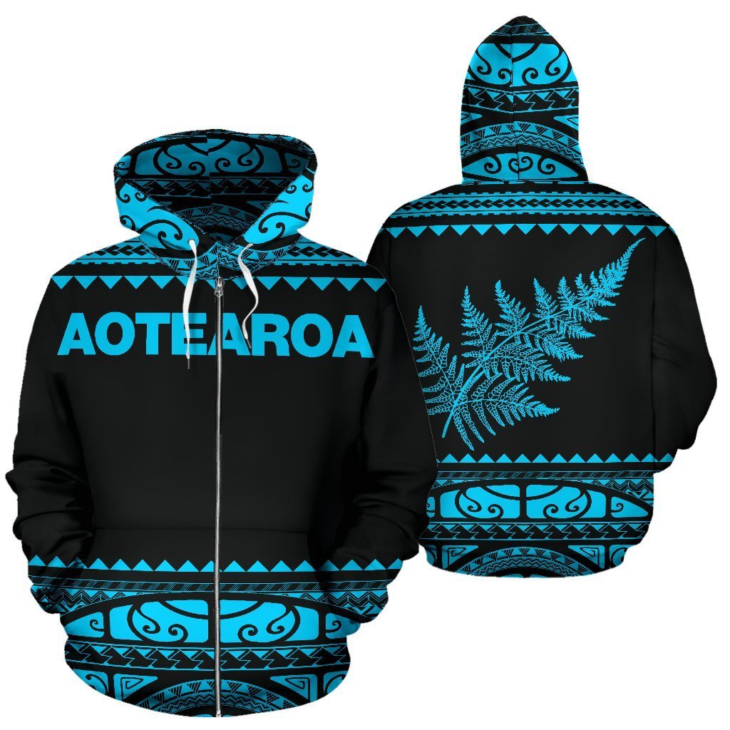 New Zealand Maori Zip up Hoodie, Aotearoa Silver Fern Zipper Hoodie Blue Unisex Blue - Polynesian Pride