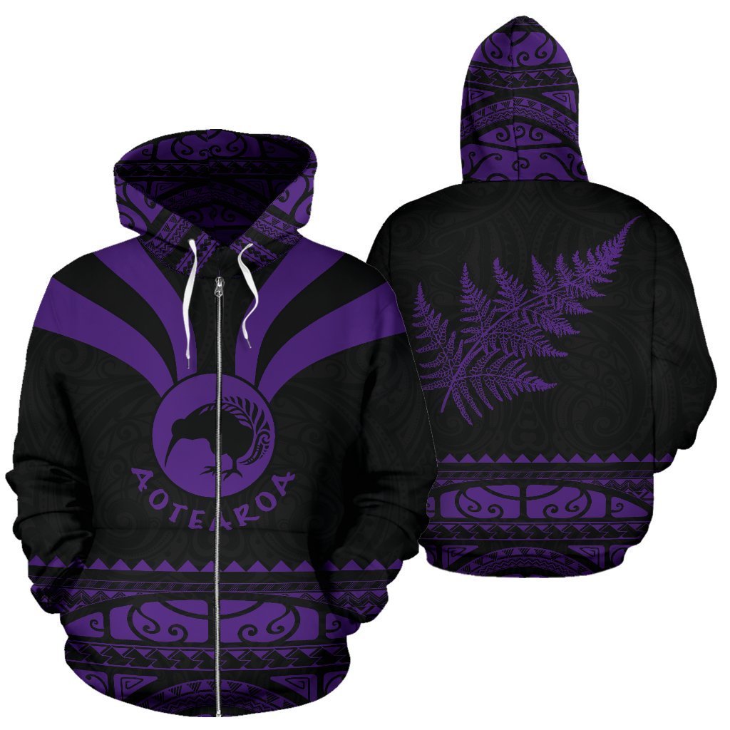 New Zealand Aotearoa Hoodie, Maori Silver Fern Zip up Medal Version Hoodie Unisex Purple - Polynesian Pride