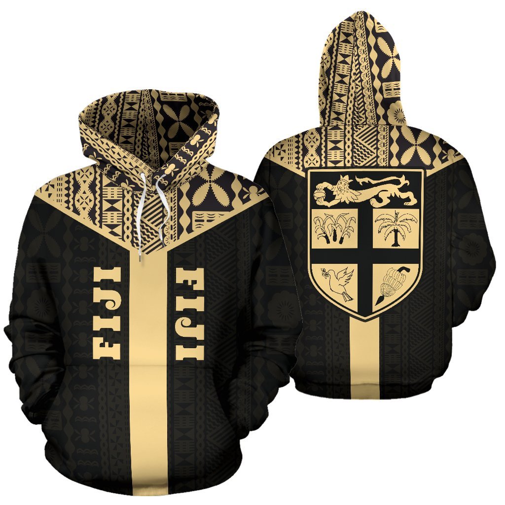 Fiji Tapa Pullover Hoodie Fiji Flag Black A6 Unisex Gold - Polynesian Pride