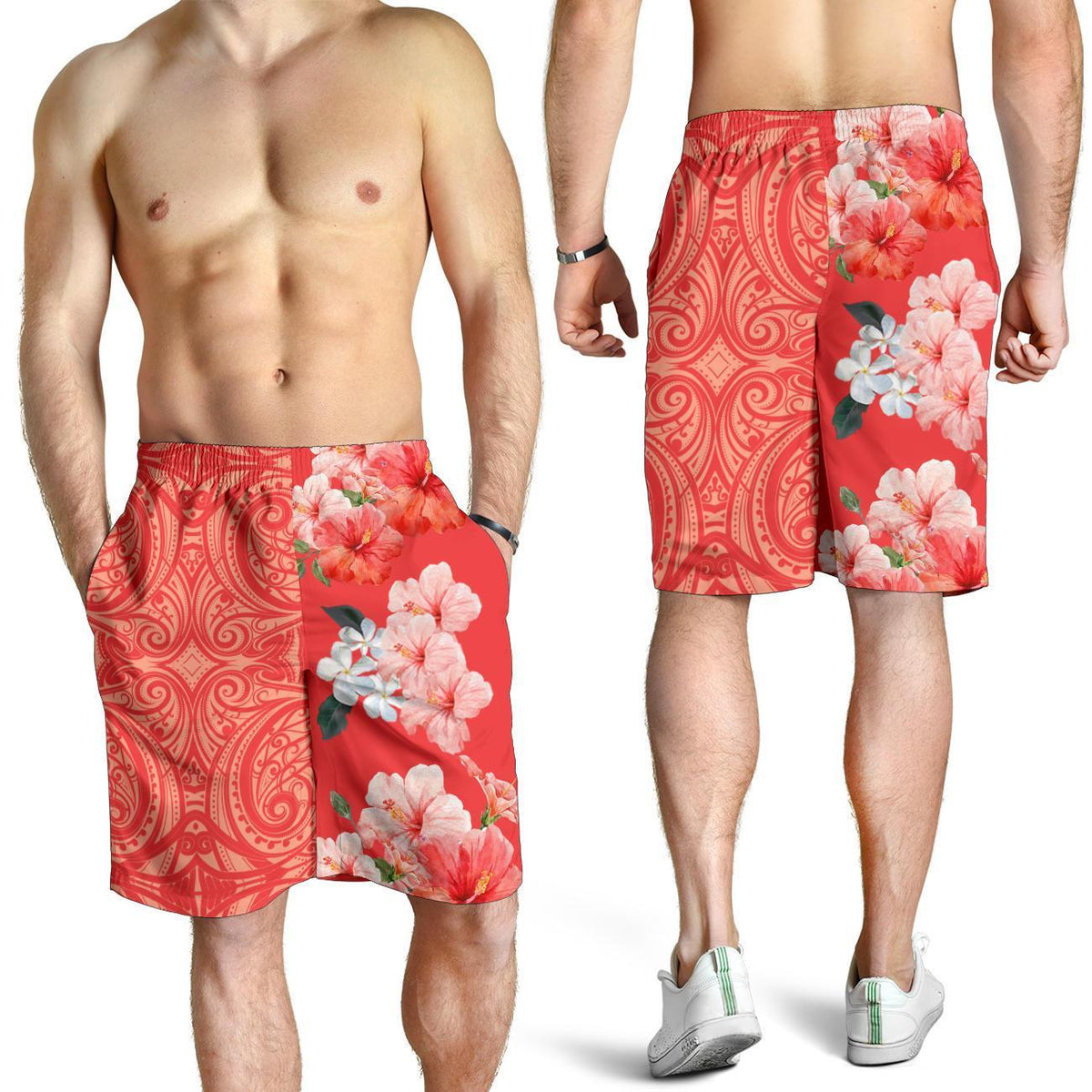Hawaii Hibiscus Flower Polynesian Men's Shorts - Curtis Style - Orange - Polynesian Pride