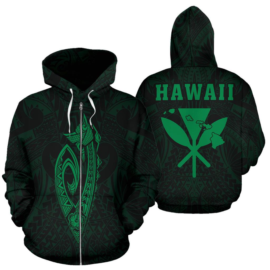 Polynesian Fish Hook Kanaka Map of Hawaii Zip Hoodie Green Unisex Green - Polynesian Pride