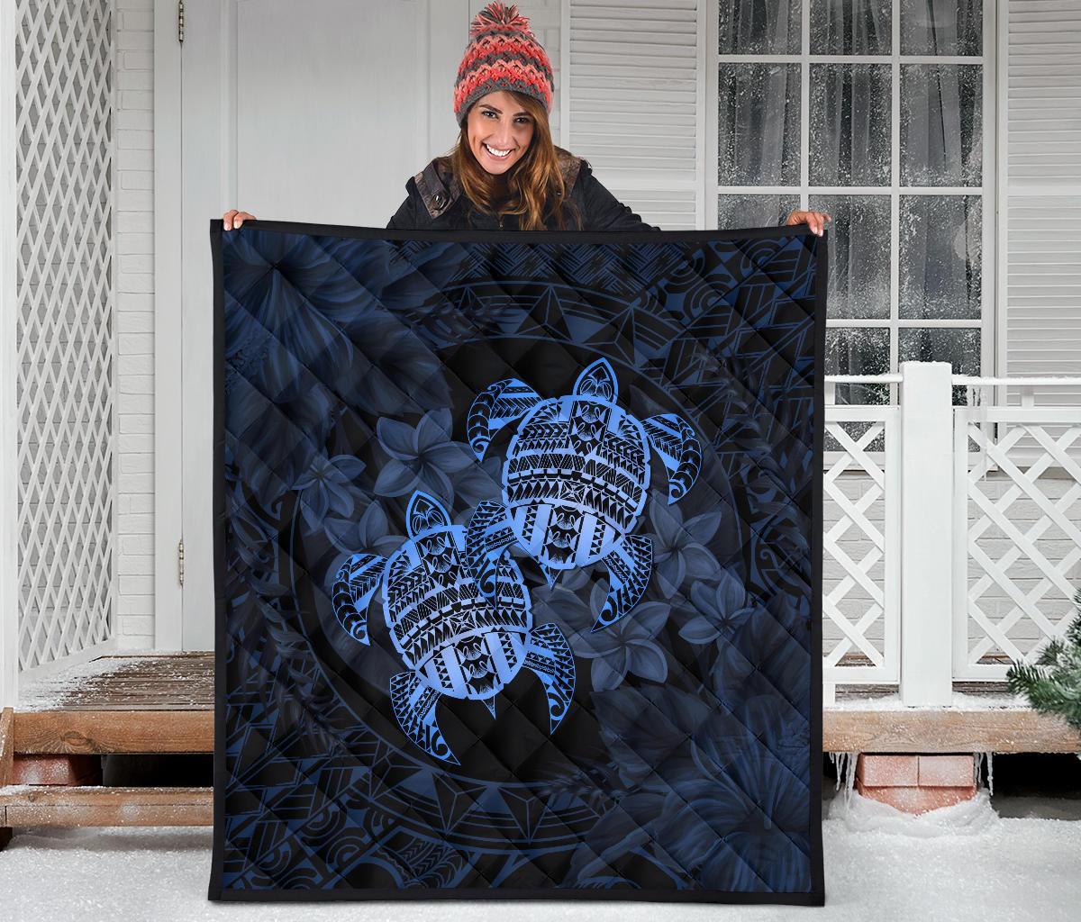 Hawaii Premium Quilt - Turtle Strong Pattern Hibiscus Plumeria Blue AH - Polynesian Pride