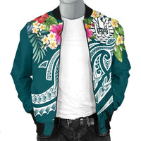 Tahiti Polynesian Men's Bomber Jacket - Summer Plumeria (Turquoise) - Polynesian Pride