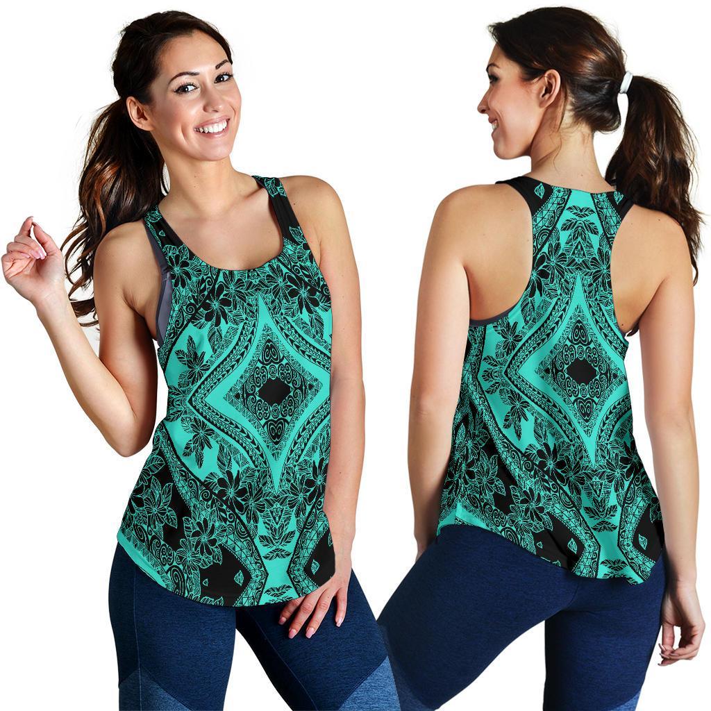 Polynesian Plumeria Mix Turquoise Black Women's Racerback Tank Top - Polynesian Pride