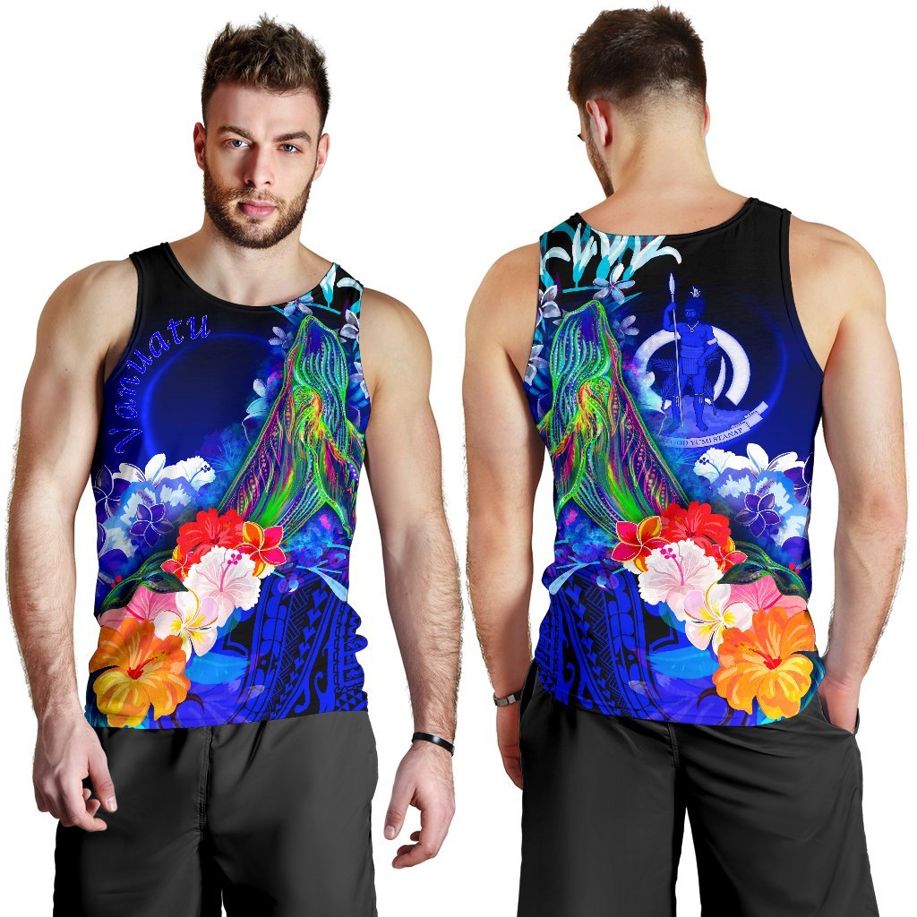 Vanuatu Men's Tank Top - Humpback Whale with Tropical Flowers (Blue) - Polynesian Pride