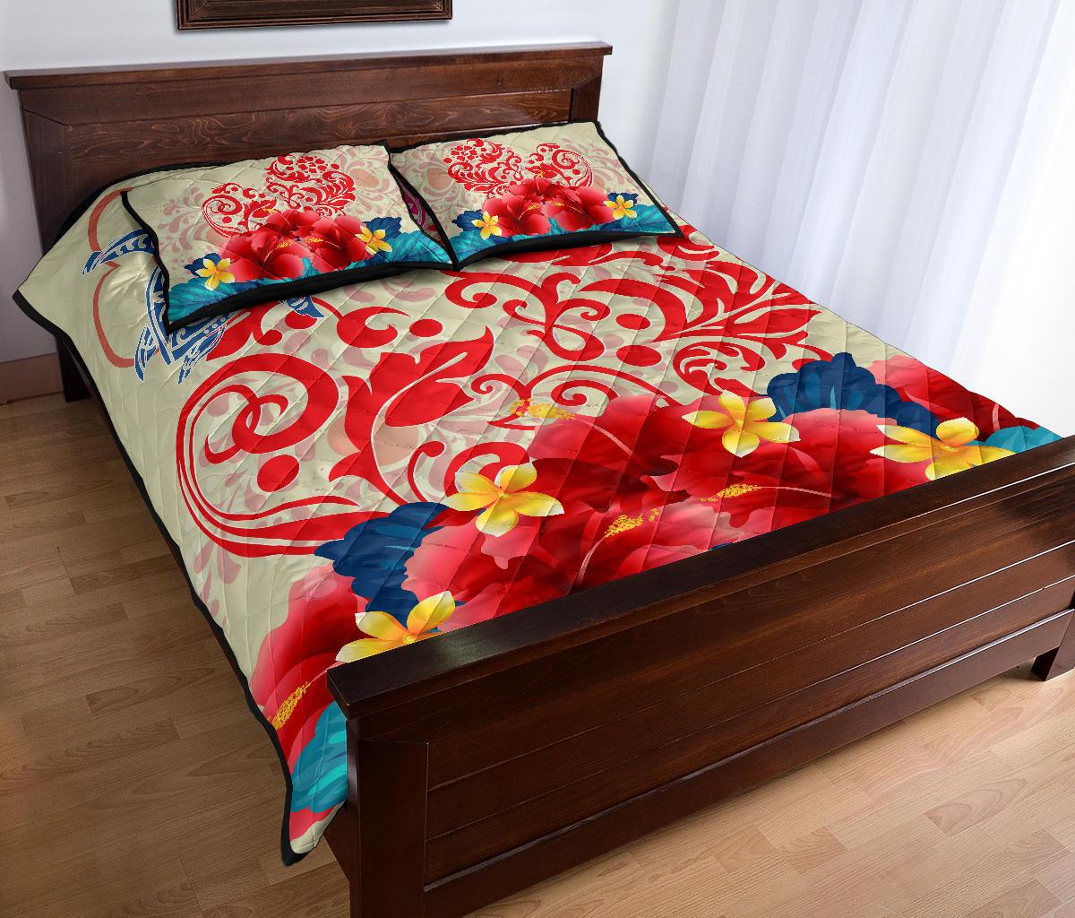 Hawaii Turtle Couple Hibiscus Valentine Pattern Quilt Bed Set - Romance Style - AH - Polynesian Pride