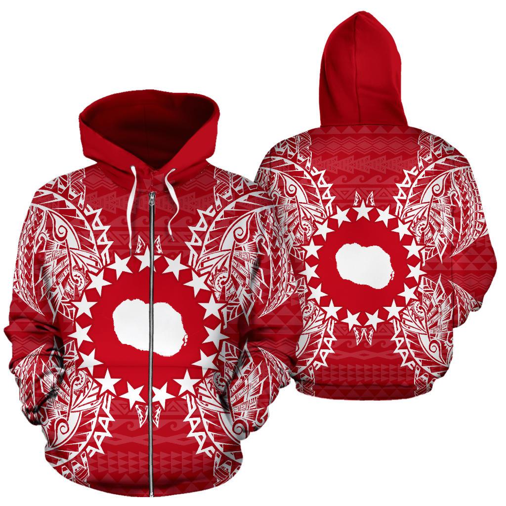 Cook Islands Polynesian All Over Zip up Hoodie Map Red White Unisex Red - Polynesian Pride
