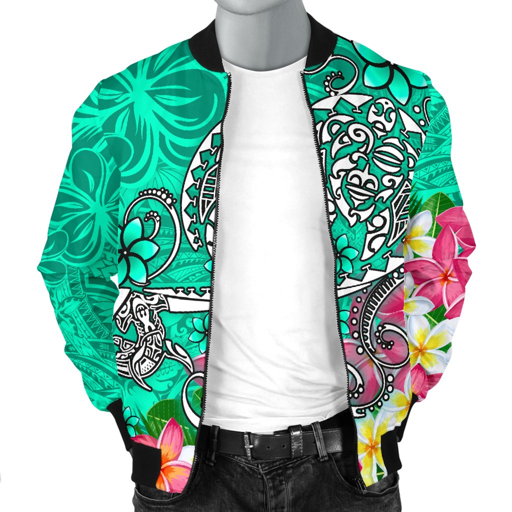 Polynesian Men's Bomber Jacket - Turtle Plumeria Turquoise Color - Polynesian Pride