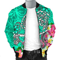 Polynesian Men's Bomber Jacket - Turtle Plumeria Turquoise Color - Polynesian Pride