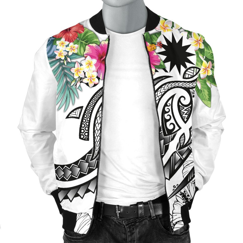 Nauru Polynesian Men's Bomber Jacket - Summer Plumeria (White) - Polynesian Pride