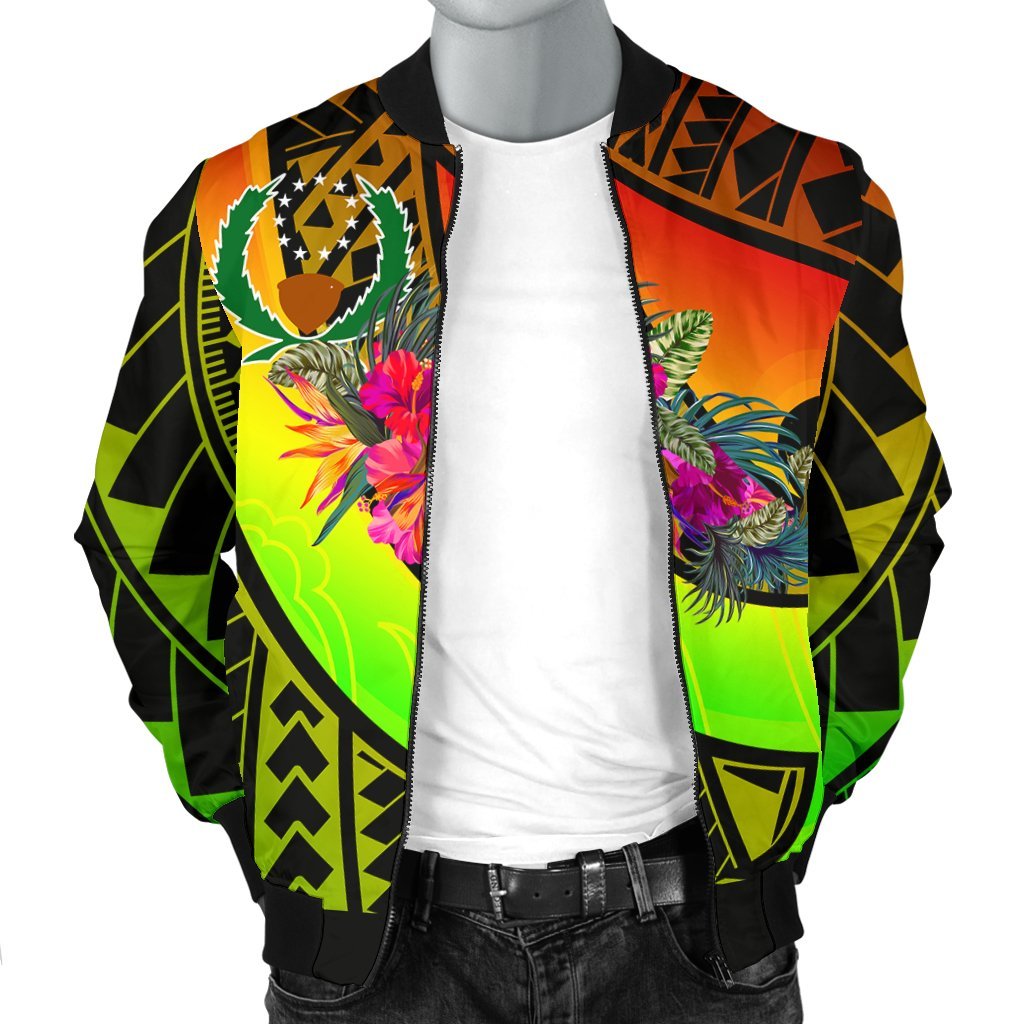 Pohnpei Men's BomBer Jacket - Polynesian Hook And Hibiscus (Raggae) - Polynesian Pride