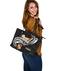 Tonga Leather Tote Bag - Tonga Seal Polynesian Patterns Plumeria (Black) - Polynesian Pride