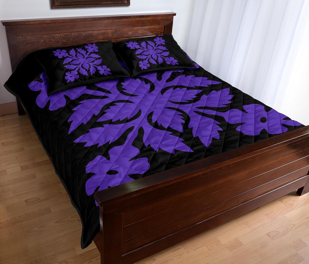 Hawaiian Quilt Bed Set Royal Pattern - Black And Purple - B2 Style - Polynesian Pride