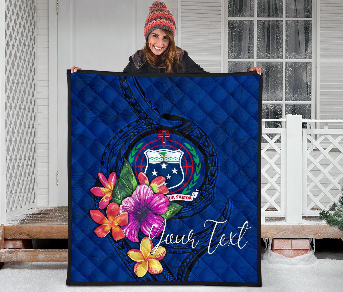 Samoa Polynesian Custom Personalised Premium Quilt - Floral With Seal Blue - Polynesian Pride