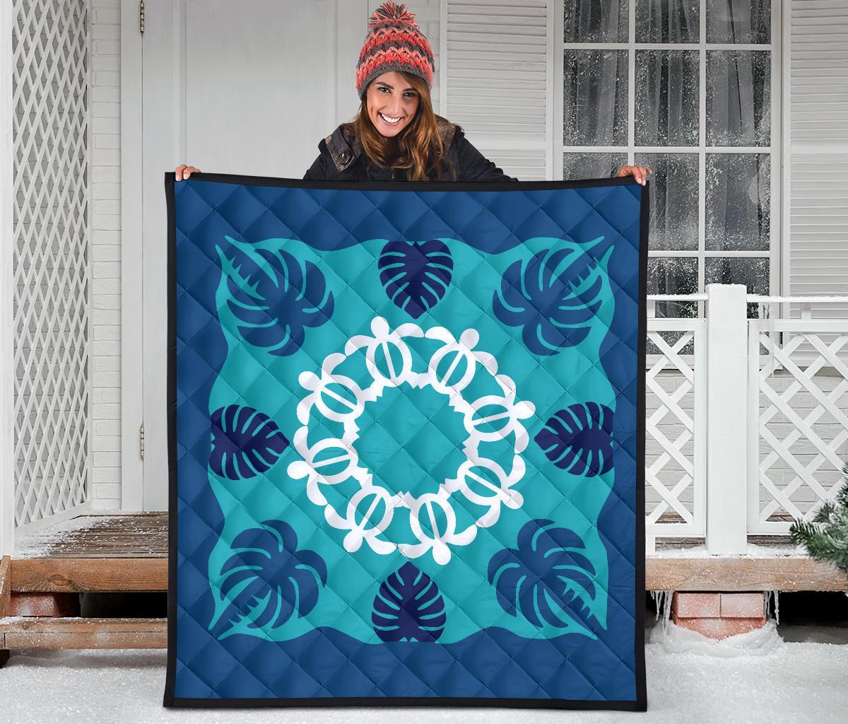 Hawaiian Turtle Coconut Pattern Premium Quilt - Indigo - Argu Style - AH - Polynesian Pride