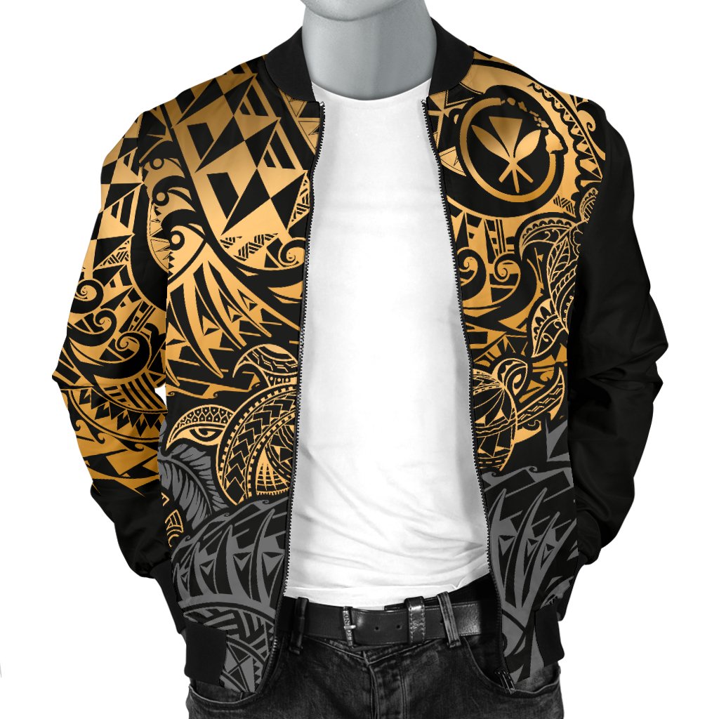 Polynesian Hawaii (Kanaka Maoli) Men Bomber Jacket - Gold Hibiscus Turtle Flowing - Polynesian Pride