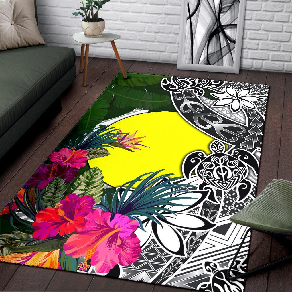 Palau Area Rug White - Turtle Plumeria Banana Leaf - Polynesian Pride
