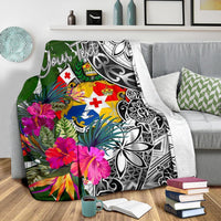 Tonga Custom Personalised Premium Blanket White - Turtle Plumeria Banana Leaf - Polynesian Pride