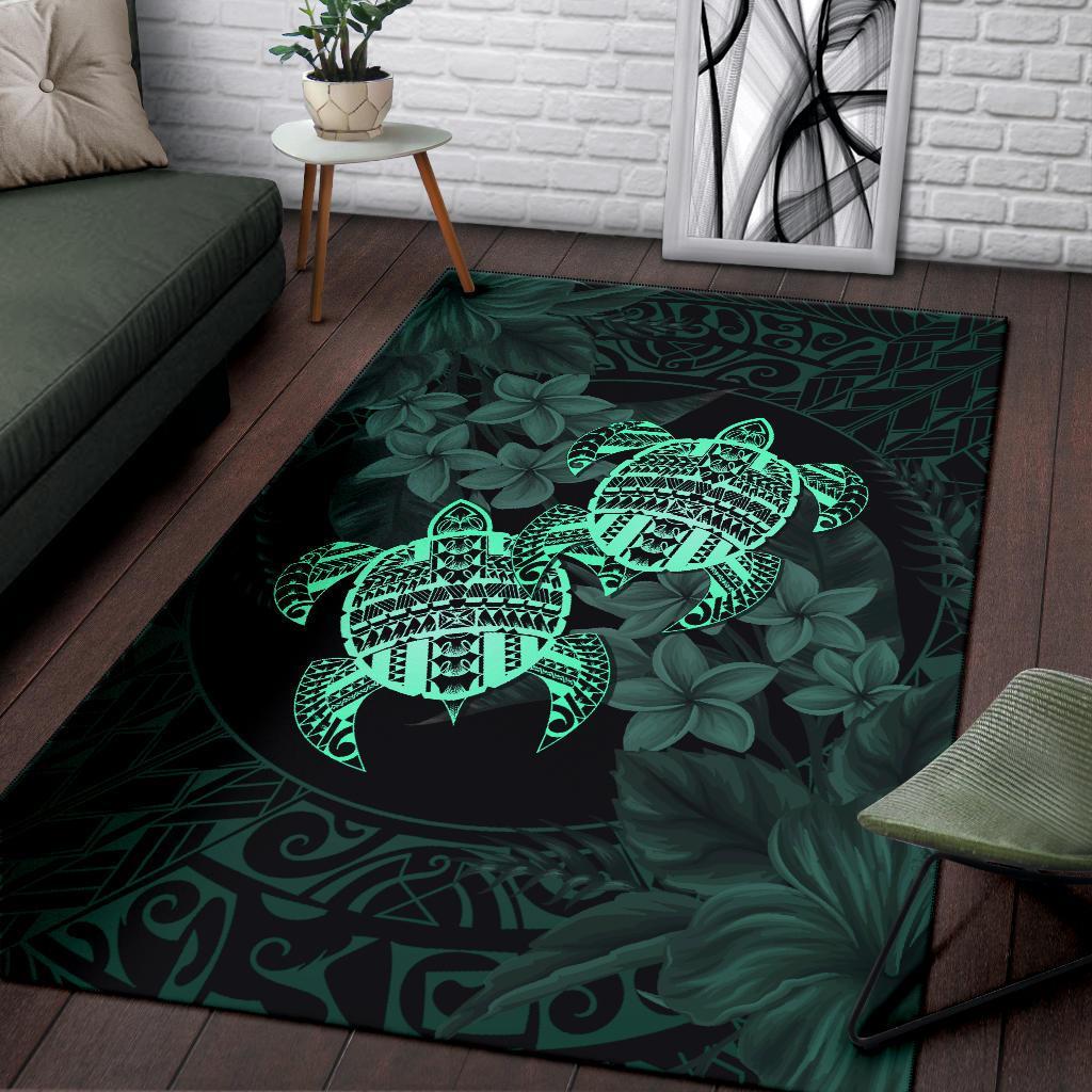 hawaii Rug - Turtle Strong Pattern Hibiscus Plumeria Turquoise AH - Polynesian Pride