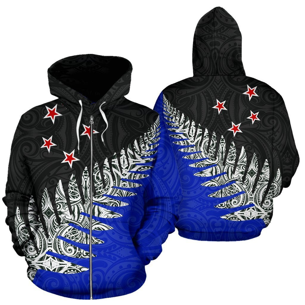 New Zealand Maori Silver Fern Zip up Hoodie Unisex Blue - Polynesian Pride