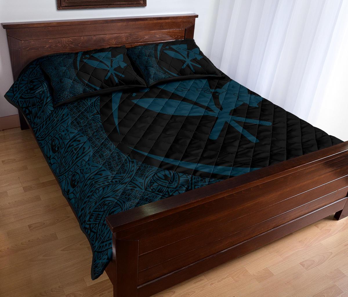 Hawaii Kanaka Polynesian Quilt Bed Set - Circle Style Blue And Black - Polynesian Pride
