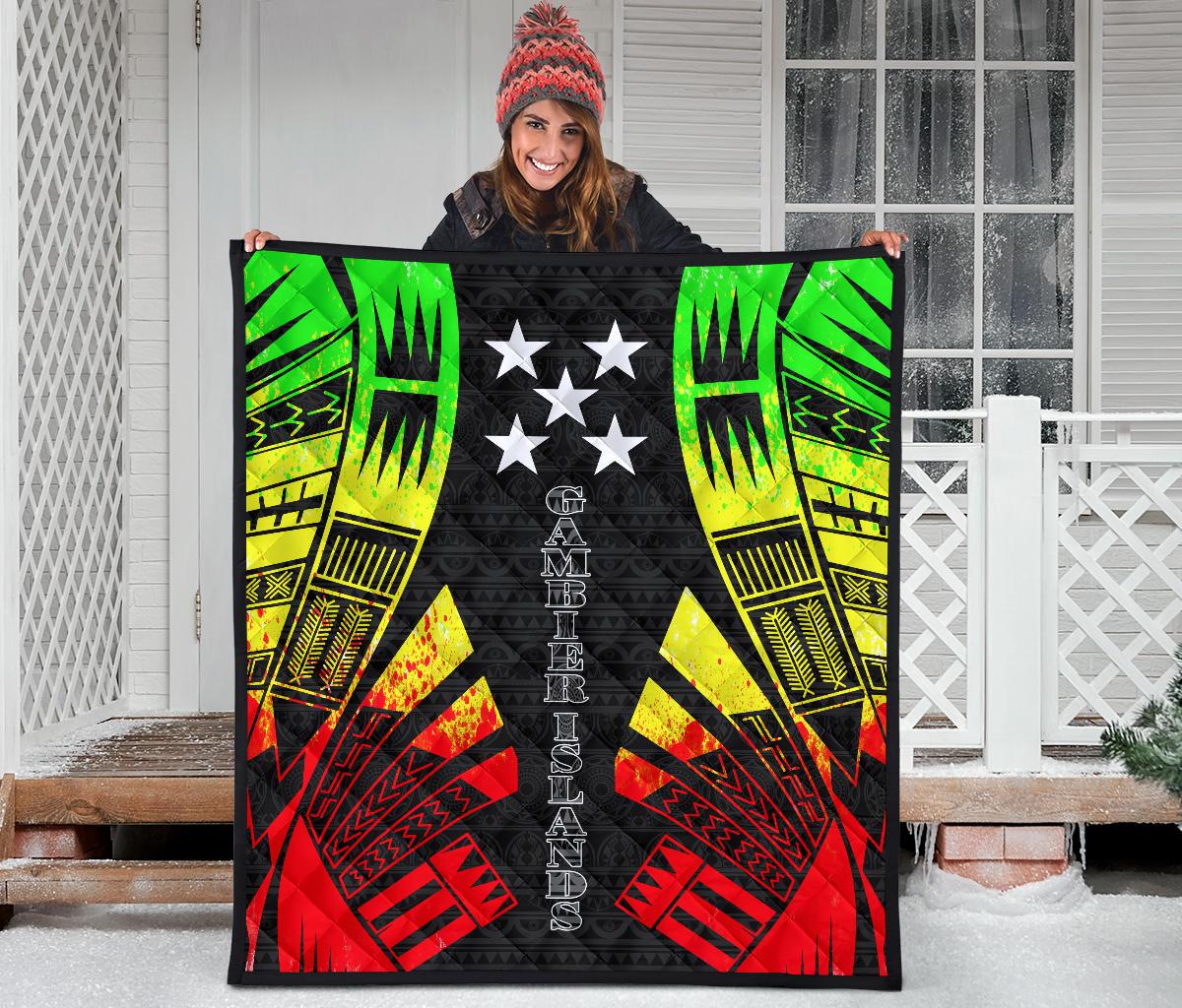 Gambier Islands Premium Quilt - Gambier Islands Flag Polynesian Reggae Tattoo - Polynesian Pride