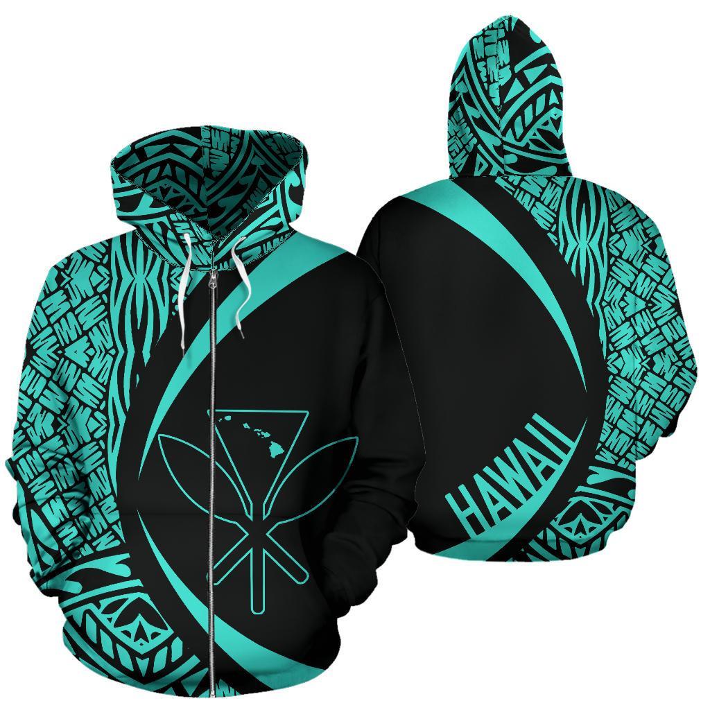 Polynesian Kanaka Maoli Map of Hawaii Zip Hoodie Turquoise Circle Style Unisex Turquoise - Polynesian Pride