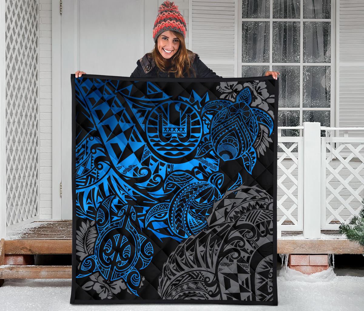 Tahiti Polynesian Premium Quilt - Blue Turtle Hibiscus Flowing - Polynesian Pride