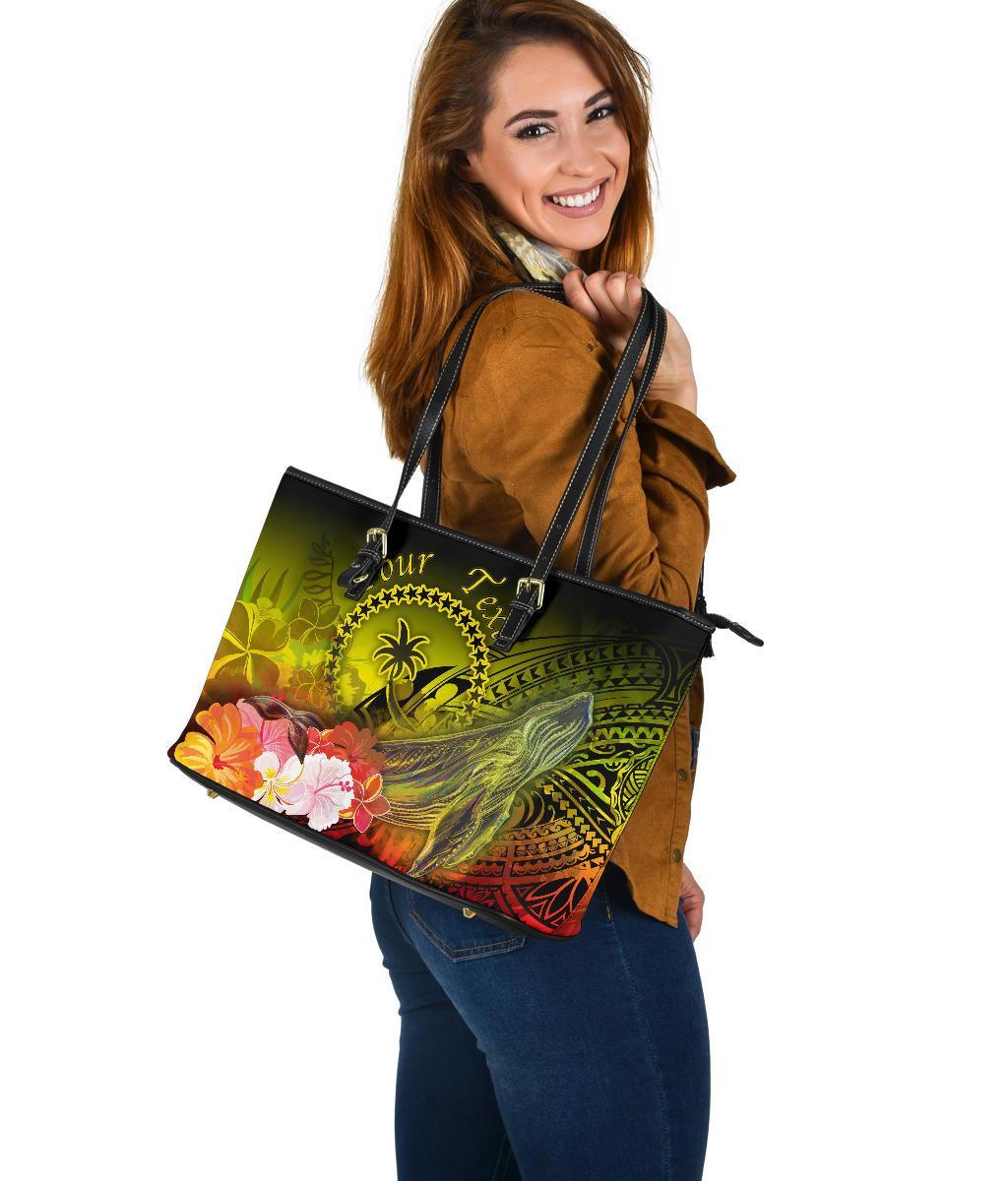 Custom Personalised Chuuk Large Leather Tote Bag - Humpback Whale with Tropical Flowers (Yellow) - Polynesian Pride