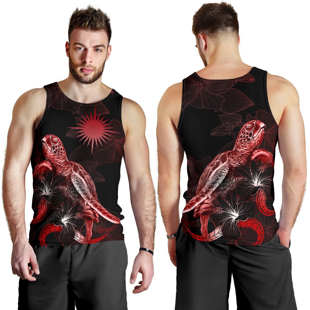 Marshall Islands Men Tank Top - Turtle With Blooming Hibiscus Red - Polynesian Pride