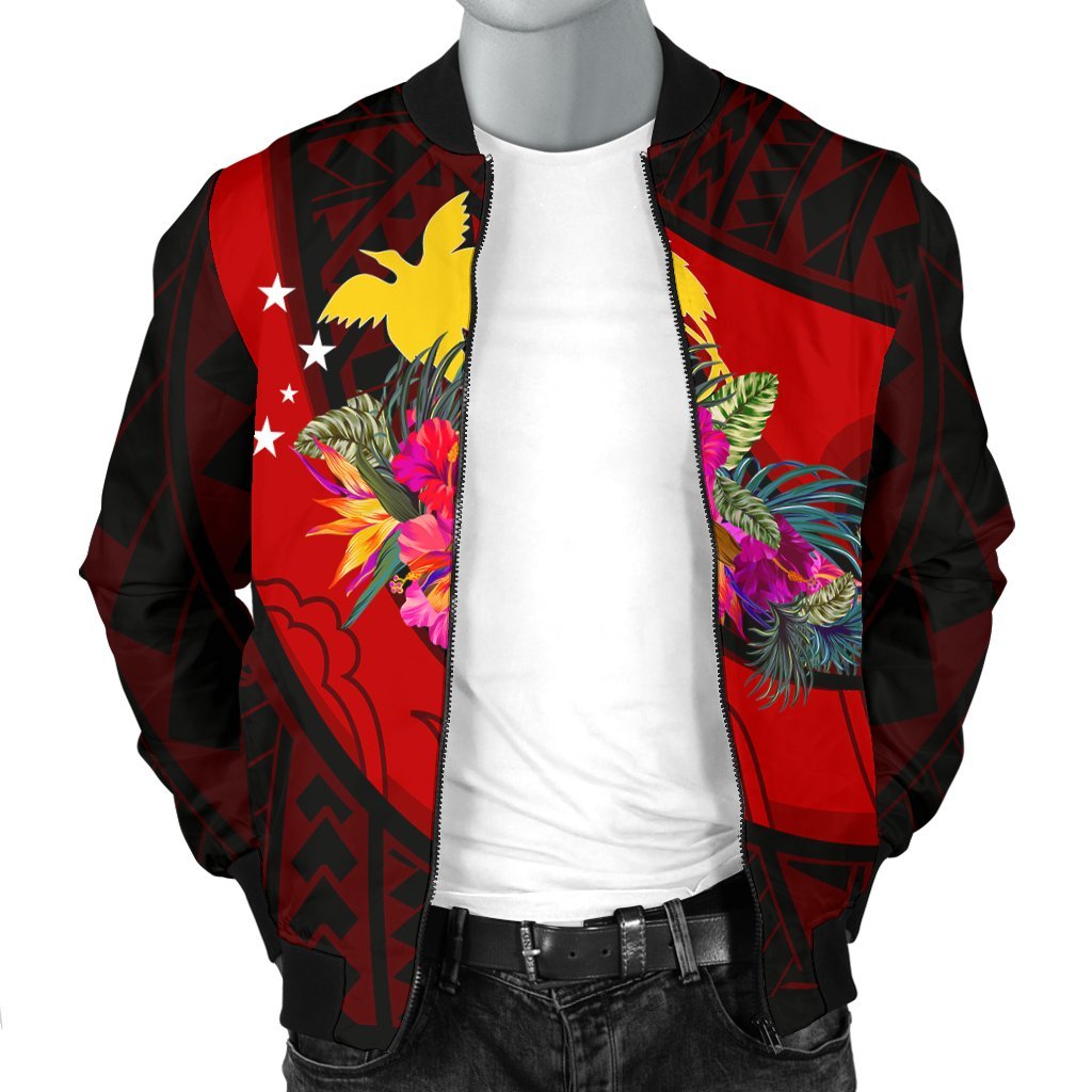 Papua New Guinea Men's Bomber Jacket - Polynesian Hook And Hibiscus (Red) - Polynesian Pride