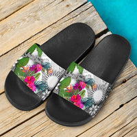 Marshall Islands Custom Personalised Slide Sandals White - Turtle Plumeria Banana Leaf - Polynesian Pride