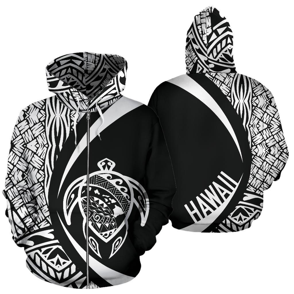 Polynesian Turtle Map of Hawaii Zip Hoodie White Circle Style Unisex White - Polynesian Pride