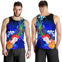 Samoa Men's Tank Top - Humpback Whale with Tropical Flowers (Blue) - Polynesian Pride