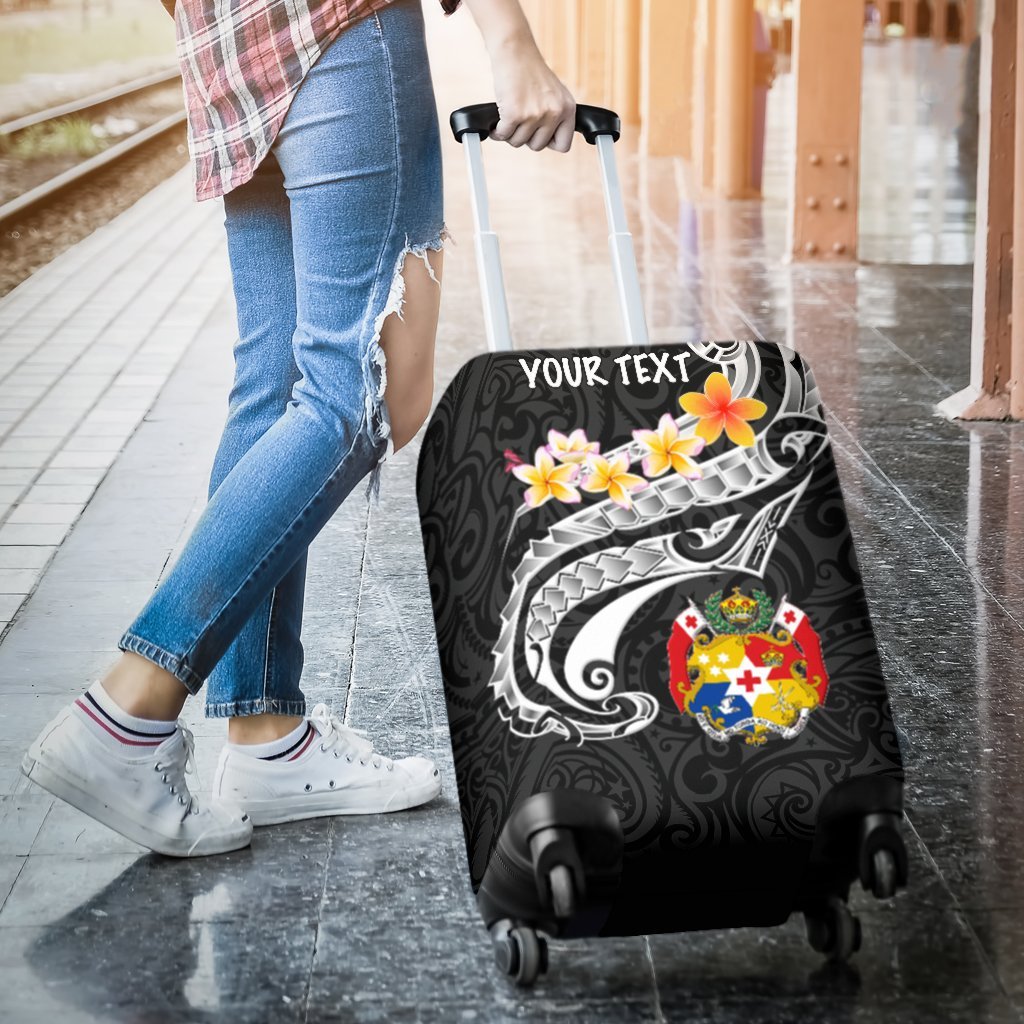 Tonga Custom Personalised Luggage Covers - Tonga Seal Polynesian Patterns Plumeria (Black) - Polynesian Pride