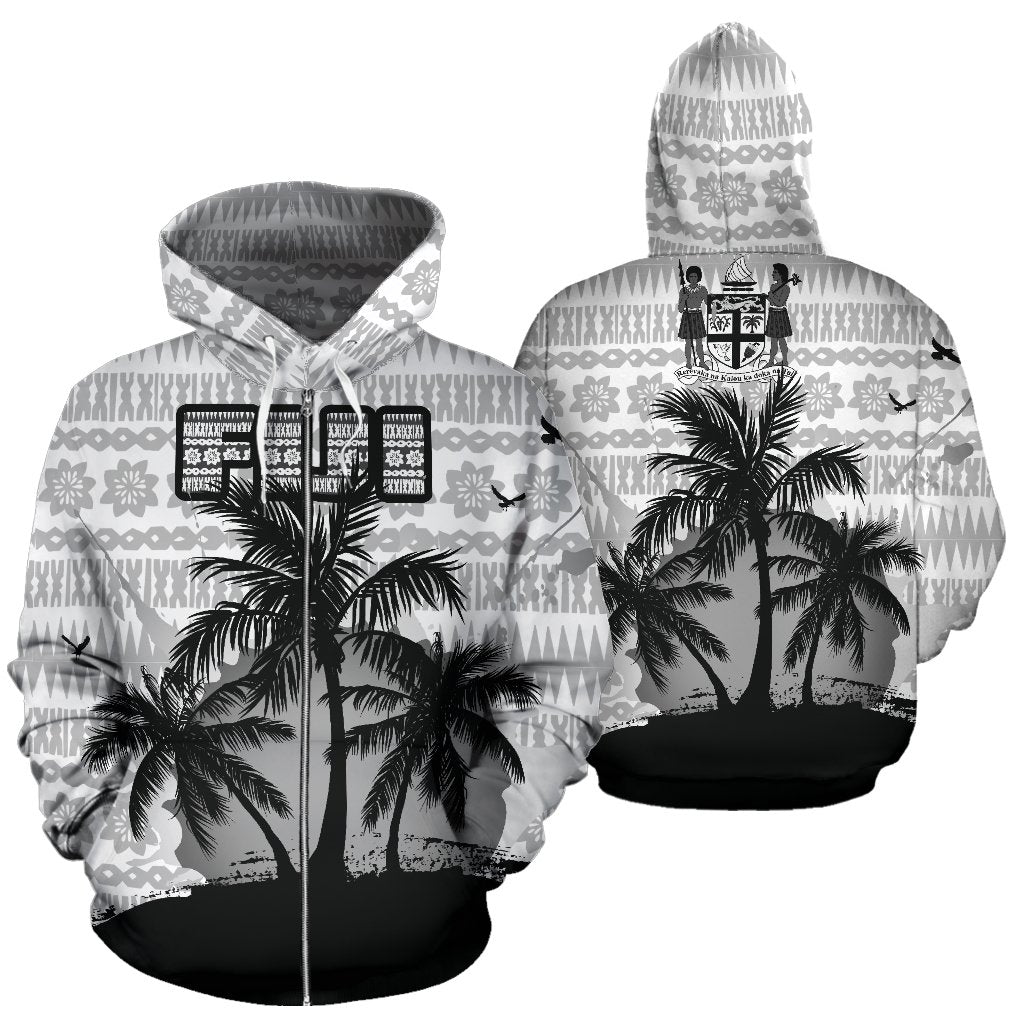 Fiji Tapa Zipper Hoodie Fiji Coat of Arms Coconut Tree Special Unisex Black & White - Polynesian Pride