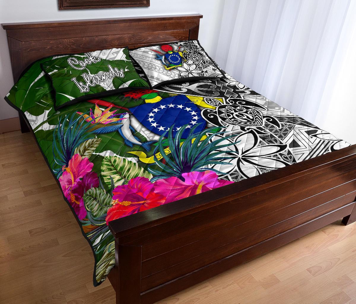 Cook Islands Quilt Bed Set White - Turtle Plumeria Banana Leaf - Polynesian Pride