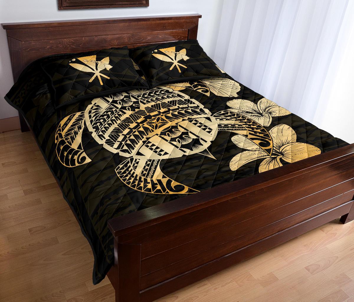 Hawaiian Kanaka Hibiscus Plumeria Mix Polynesian Turtle Quilt Bed Set Gold AH - Polynesian Pride