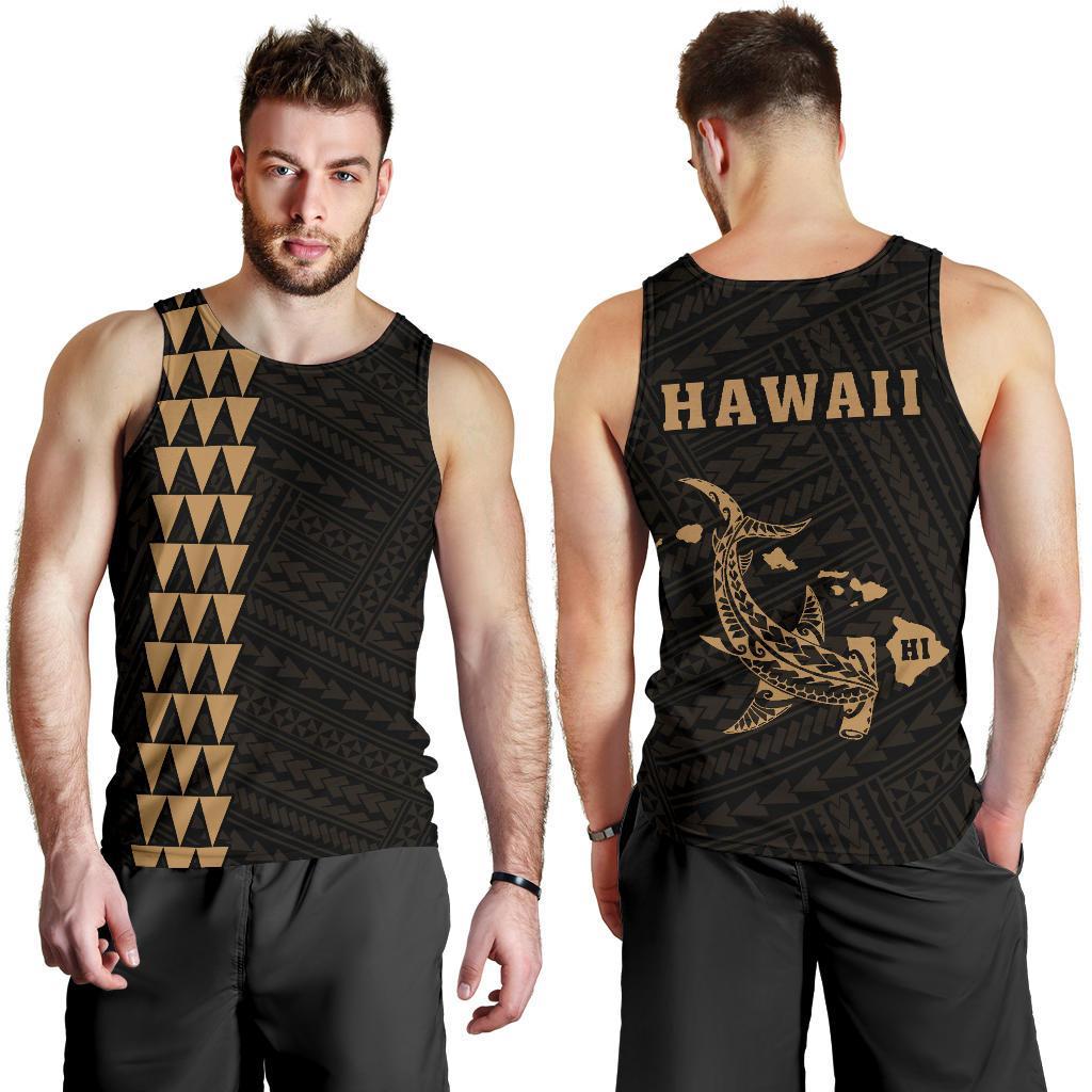 Hawaii Kakau Polynesian Hammerhead Shark Map Men's Tank Top - Gold Gold - Polynesian Pride