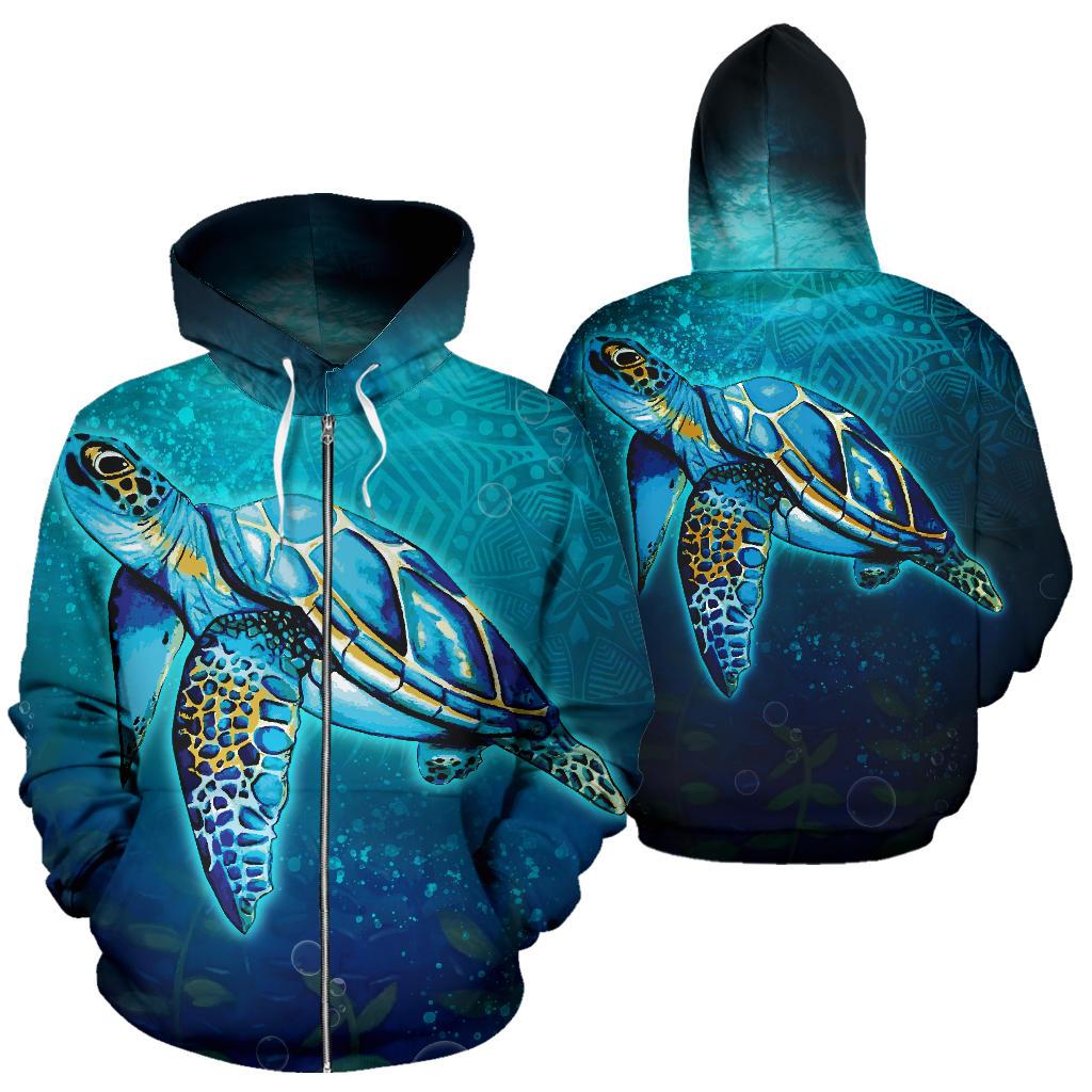 Hawaii All Over Zip up Hoodie Turtle Under Sea Unisex Black - Polynesian Pride