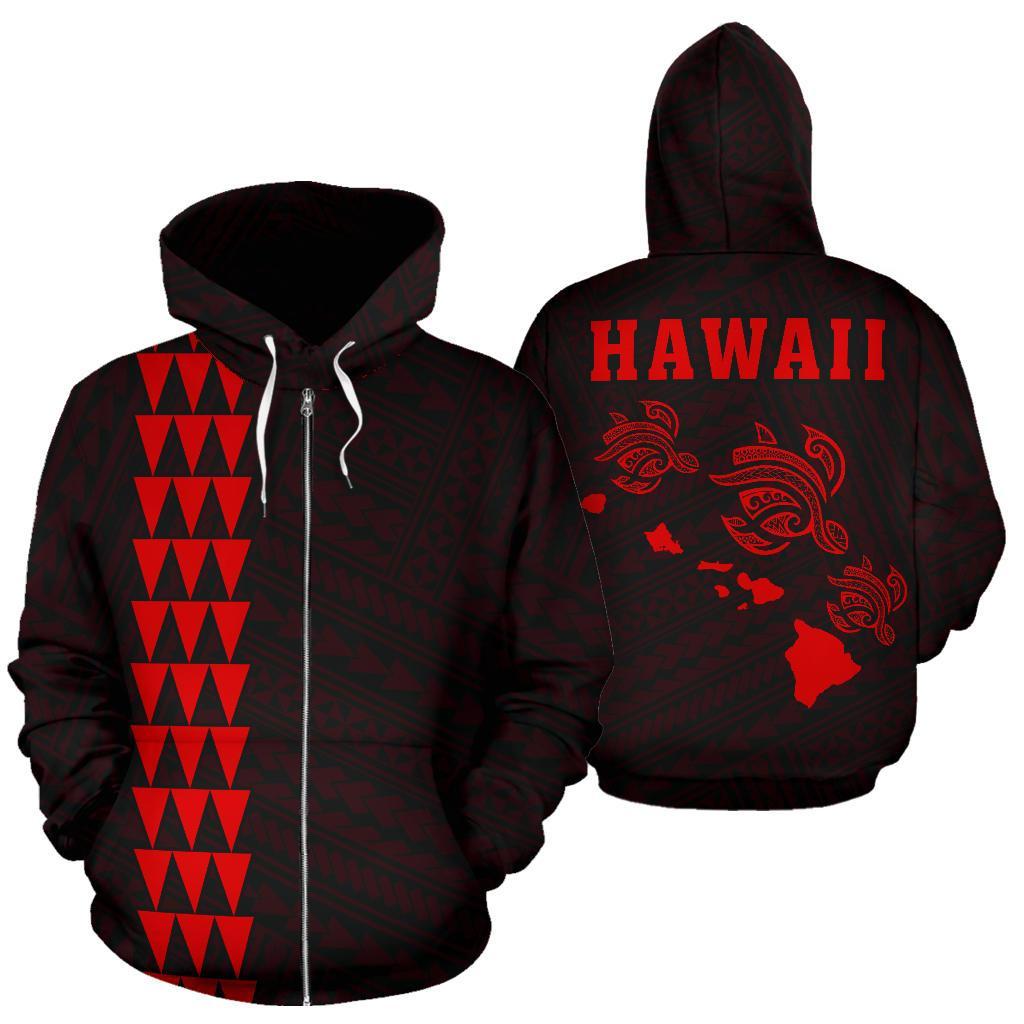 Polynesian Kakau Three Turtle Map of Hawaii Zip Hoodie Red Unisex Red - Polynesian Pride