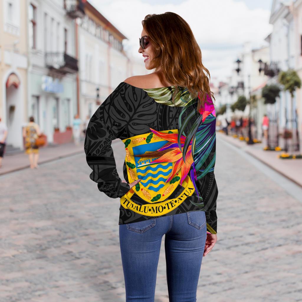 Tuvalu Women's Off Shoulder Sweater - Hibiscus Polynesian Pattern - Polynesian Pride