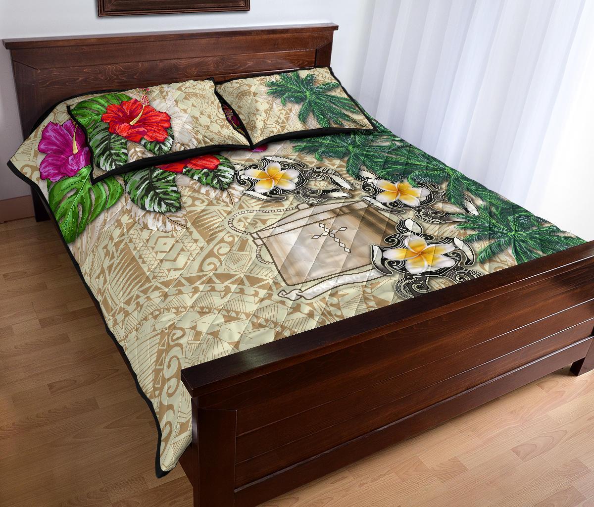 Tokelau Polynesian Quilt Bed Set - Hibiscus Turtle Tattoo Beige - Polynesian Pride