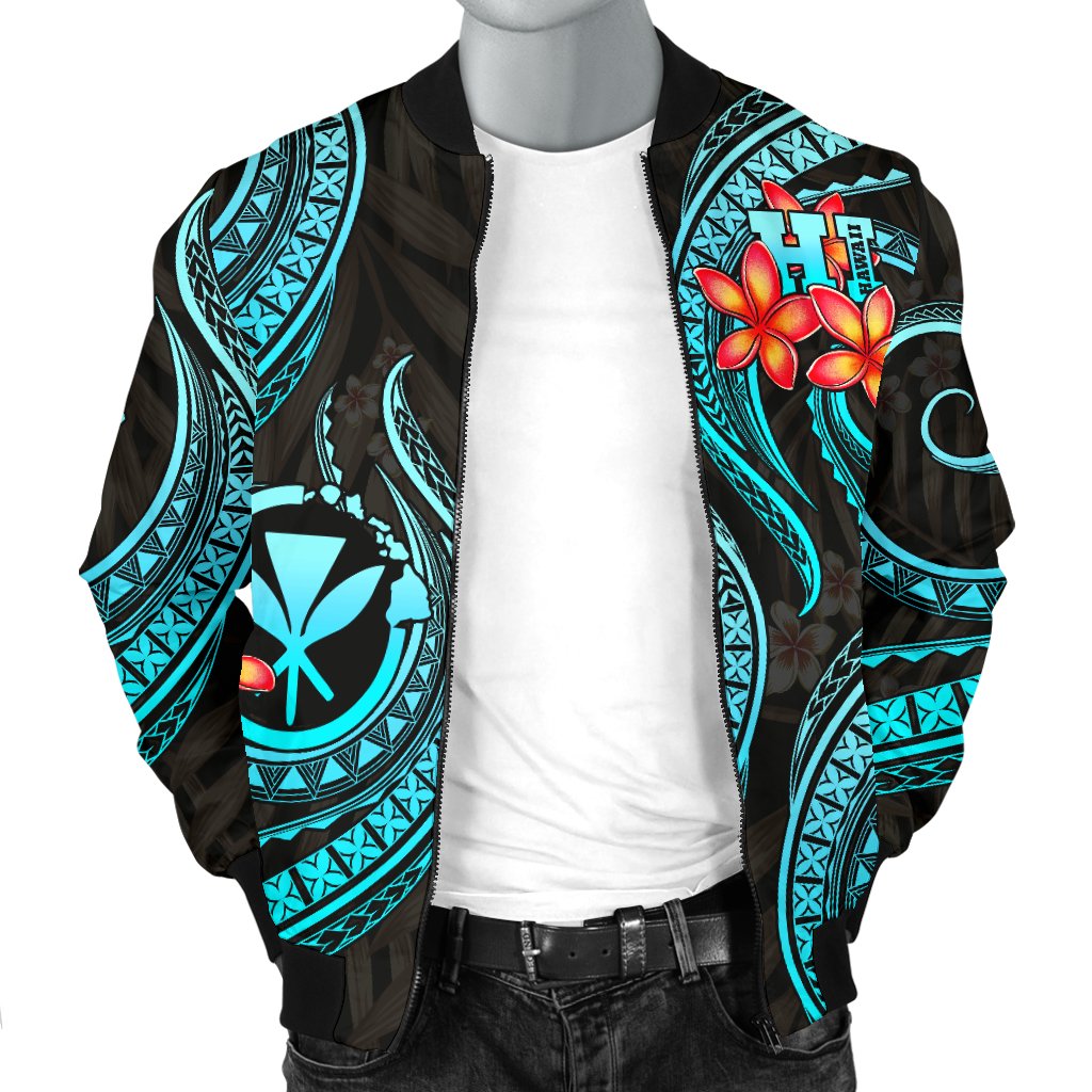 Polynesian Hawaii Men Bomber Jacket - Turquoise Plumeria - Polynesian Pride