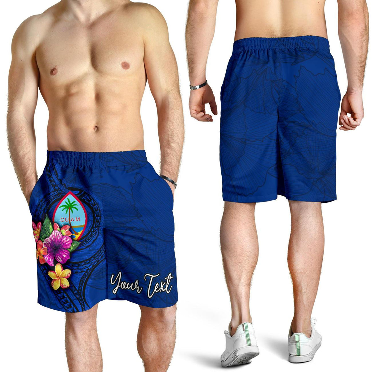 Guam Polynesian Custom Personalised Men's Shorts - Floral With Seal Blue - Polynesian Pride