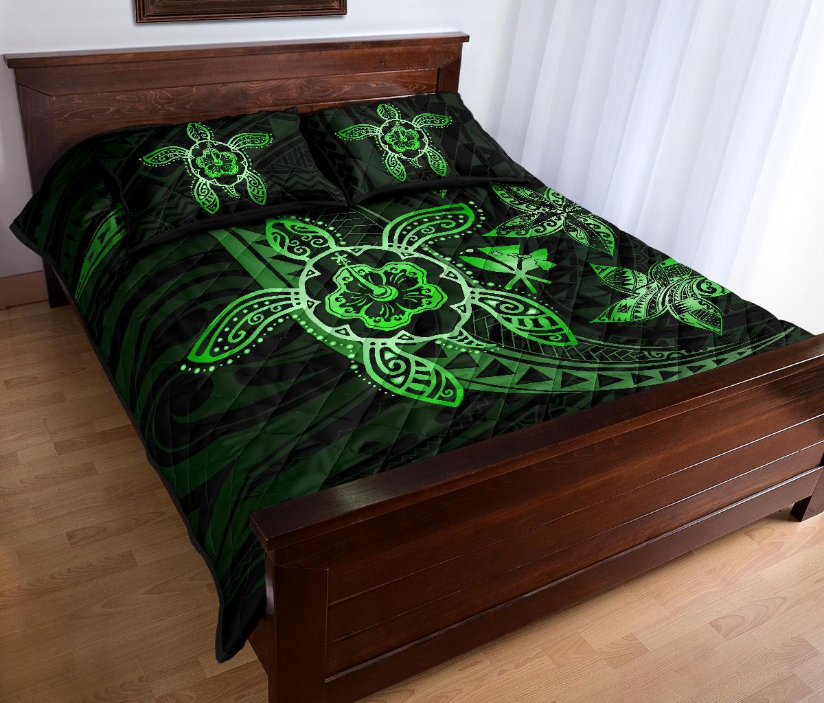 Kanaka Map Hibiscus Plumeria Turtle Art Green Polynesian Quilt Bed Set - Polynesian Pride