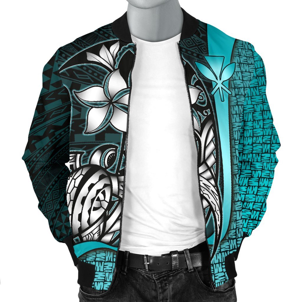 Polynesian Hawaii Men Bomber Jacket Turquoise - Turtle with Hook - Polynesian Pride